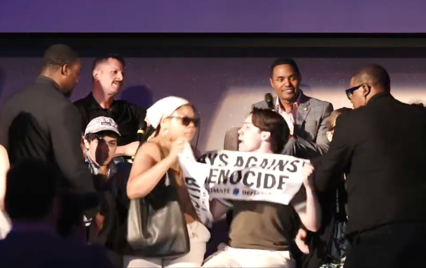 Rep. Ritchie Torres is interrupted by pro-Palestinian protesters at WelcomeFest on June 4. 2025.